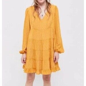 Urban Outfitters Textured Mustard Yellow Tiered Long Sleeve Dress Sz S